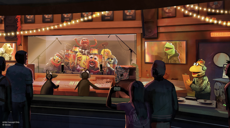 Kermit the Frog and Miss Piggy observing the recording studio.